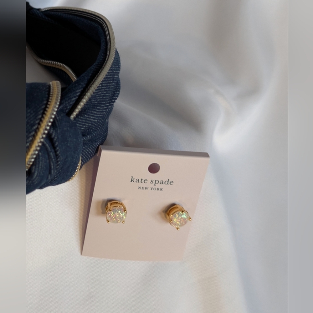 Kate Spade New York Opal Glitter Earrings Ivory, Flash Pink, 4 Prongs Gold NWT - Picture 7 of 12